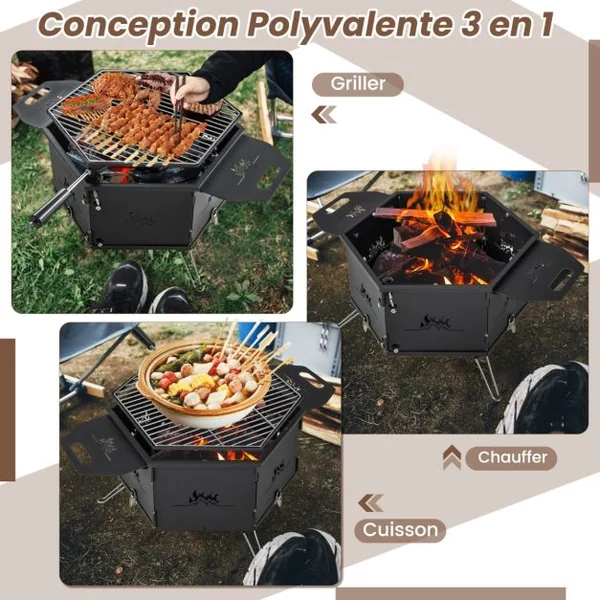 Barbecue de Charbon de Bois Portable avec Grille Rotative à 360° Barbecue Portable avec Poignées Corps et Pieds Pliables, pour Pique-Nique Camping