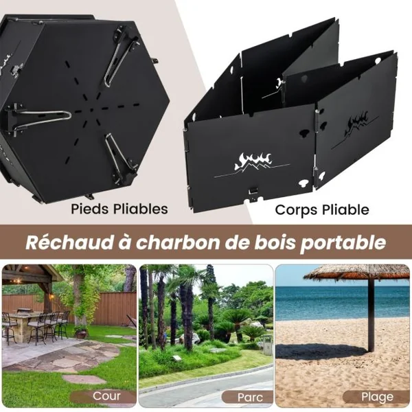 Barbecue de Charbon de Bois Portable avec Grille Rotative à 360° Barbecue Portable avec Poignées Corps et Pieds Pliables, pour Pique-Nique Camping