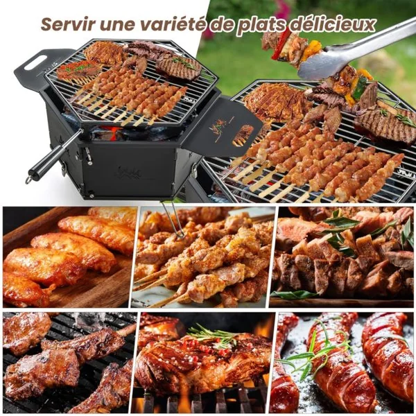 Barbecue de Charbon de Bois Portable avec Grille Rotative à 360° Barbecue Portable avec Poignées Corps et Pieds Pliables, pour Pique-Nique Camping