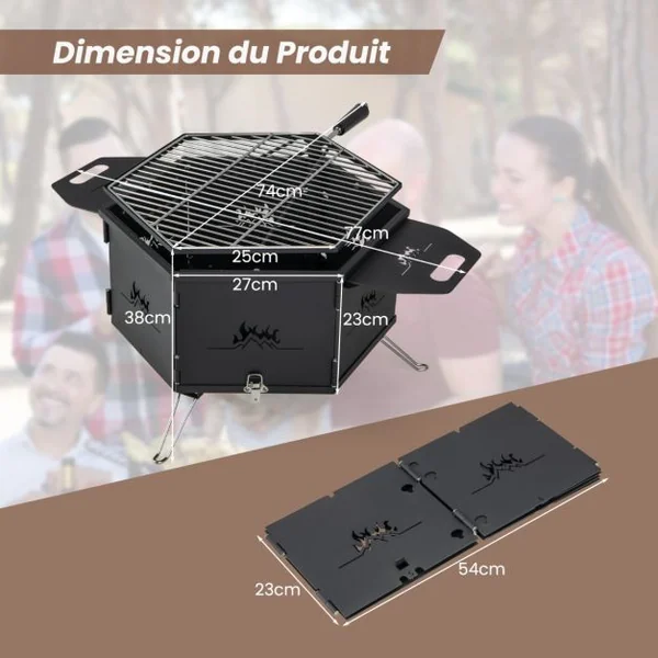 Barbecue de Charbon de Bois Portable avec Grille Rotative à 360° Barbecue Portable avec Poignées Corps et Pieds Pliables, pour Pique-Nique Camping