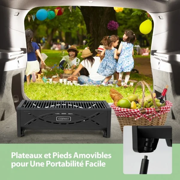 Barbecue à Charbon Bois avec Fourchette à Rôtir Electrique 2 Grilles de Cuisson Plateaux Latéraux Ajuatable Pieds Amovibles