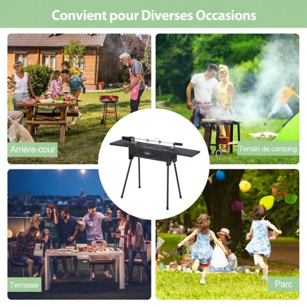 Barbecue à Charbon Bois avec Fourchette à Rôtir Electrique 2 Grilles de Cuisson Plateaux Latéraux Ajuatable Pieds Amovibles