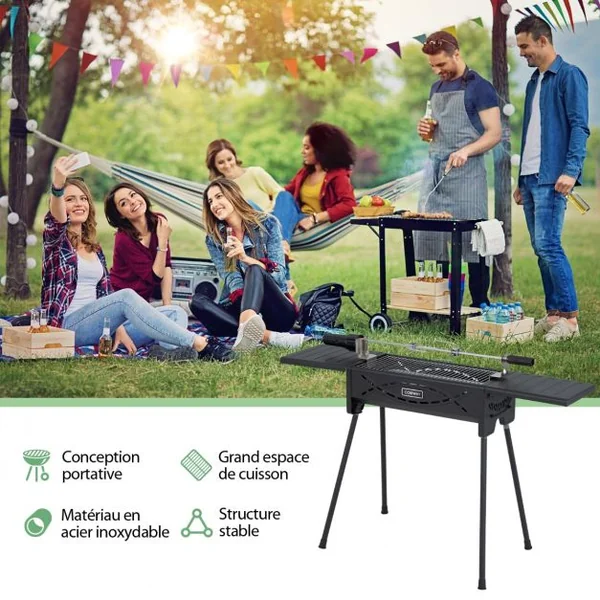 Barbecue à Charbon Bois avec Fourchette à Rôtir Electrique 2 Grilles de Cuisson Plateaux Latéraux Ajuatable Pieds Amovibles
