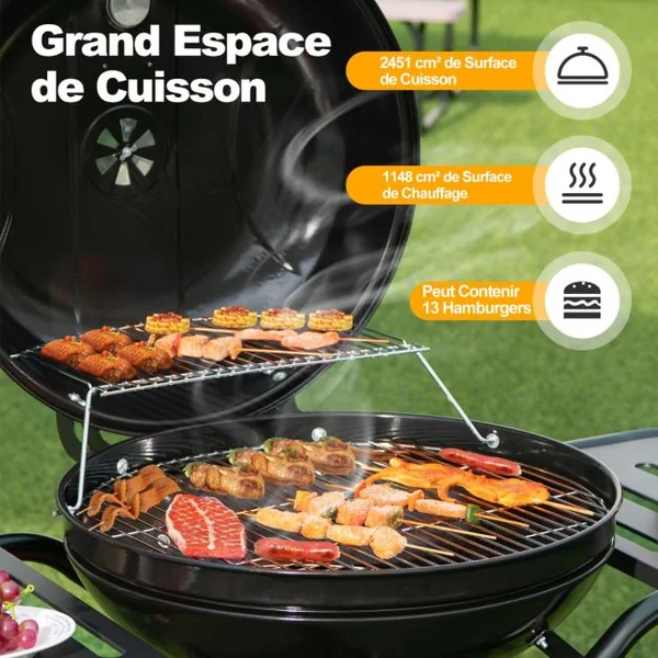 Barbecue à Charbon de Bois Extérieur de 56 cm Gril au Charbon de Bois Portable à 2 Niveaux avec Collecteur Cendres Grilles Roues, Grille et Élévateur de Grille