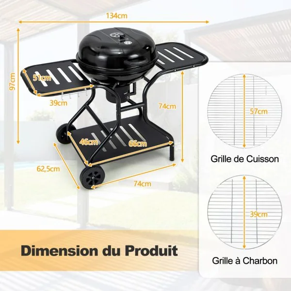 Barbecue à Charbon de Bois Extérieur de 56 cm Gril au Charbon de Bois Portable à 2 Niveaux avec Collecteur Cendres Grilles Roues, Grille et Élévateur de Grille