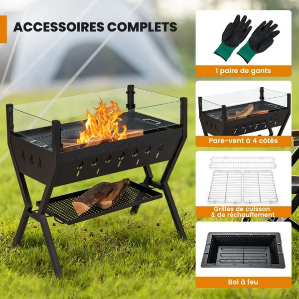 Barbecue à Charbon de Bois Gril au Charbon de Bois en Acier Inoxydable avec Pare-vent Supports d'Assaisonnement Étagère de Rangement Marron