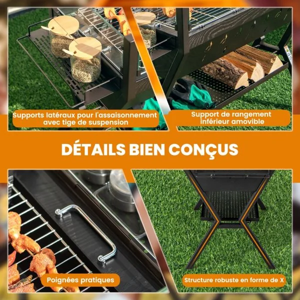 Barbecue à Charbon de Bois Gril au Charbon de Bois en Acier Inoxydable avec Pare-vent Supports d'Assaisonnement Étagère de Rangement Marron