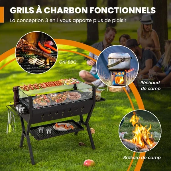 Barbecue à Charbon de Bois Gril au Charbon de Bois en Acier Inoxydable avec Pare-vent Supports d'Assaisonnement Étagère de Rangement Marron