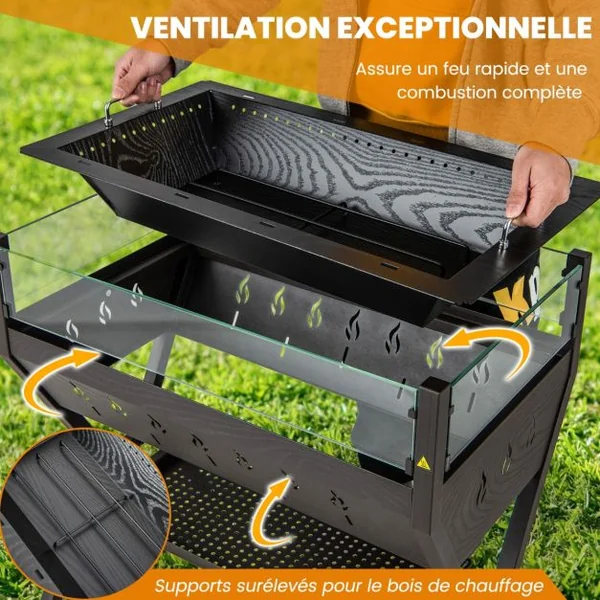 Barbecue à Charbon de Bois Gril au Charbon de Bois en Acier Inoxydable avec Pare-vent Supports d'Assaisonnement Étagère de Rangement Marron