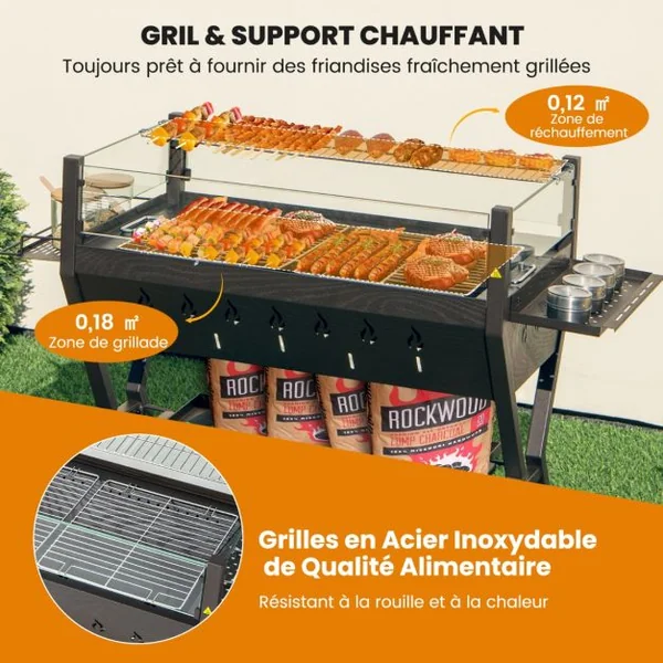 Barbecue à Charbon de Bois Gril au Charbon de Bois en Acier Inoxydable avec Pare-vent Supports d'Assaisonnement Étagère de Rangement Marron