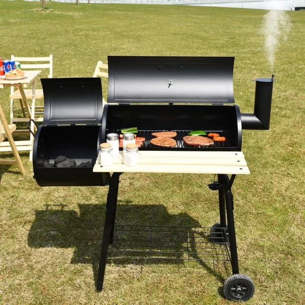 Barbecue à Charbon en Bois avec Fumoir Déporté Barbecue Portable avec Caisse de Feu Latérale pour Camping Pique-Nique