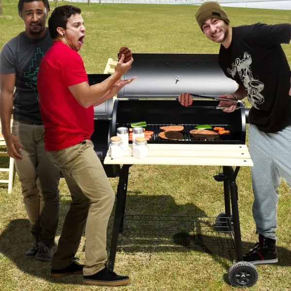Barbecue à Charbon en Bois avec Fumoir Déporté Barbecue Portable avec Caisse de Feu Latérale pour Camping Pique-Nique