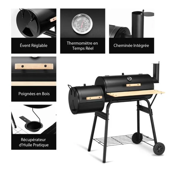 Barbecue à Charbon en Bois avec Fumoir Déporté Barbecue Portable avec Caisse de Feu Latérale pour Camping Pique-Nique