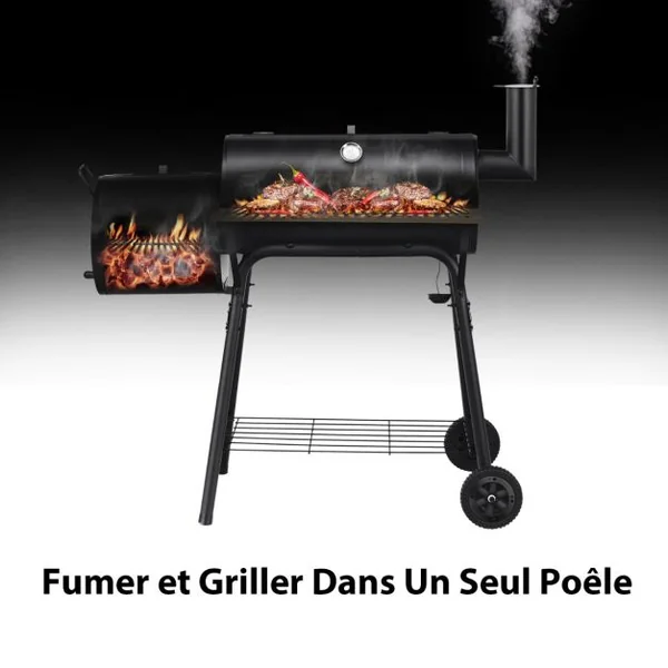 Barbecue à Charbon en Bois avec Fumoir Déporté Barbecue Portable avec Caisse de Feu Latérale pour Camping Pique-Nique