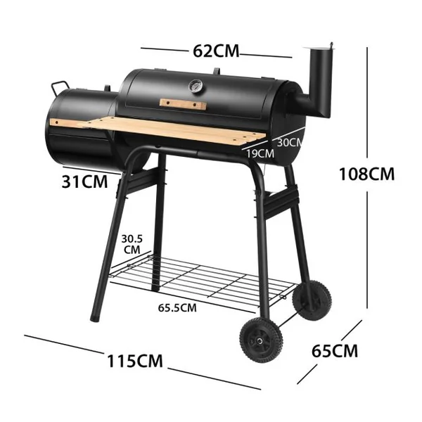 Barbecue à Charbon en Bois avec Fumoir Déporté Barbecue Portable avec Caisse de Feu Latérale pour Camping Pique-Nique