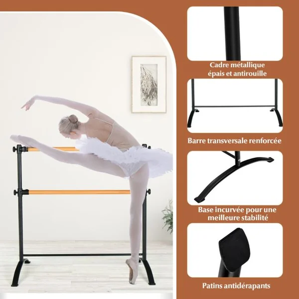 Barre de Danse Classique Double Autoportante 120 cm Hauteur Réglable Ø 38 mm en Bois de Hêtre Pose Libre pour Yoga Exercice Noir