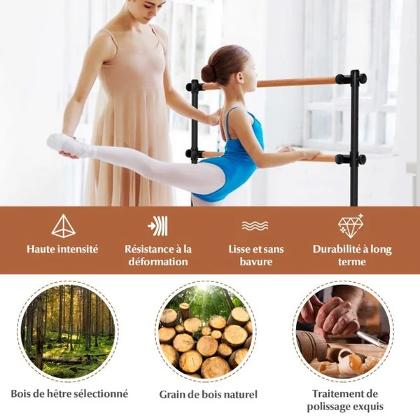 Barre de Danse Classique Double Autoportante 120 cm Hauteur Réglable Ø 38 mm en Bois de Hêtre Pose Libre pour Yoga Exercice Noir