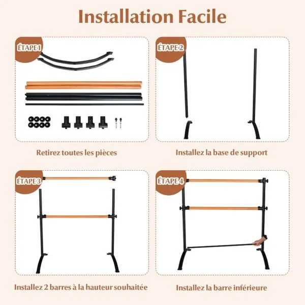 Barre de Danse Classique Double Autoportante 120 cm Hauteur Réglable Ø 38 mm en Bois de Hêtre Pose Libre pour Yoga Exercice Noir