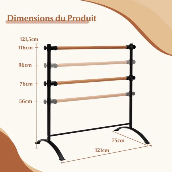 Barre de Danse Classique Double Autoportante 120 cm Hauteur Réglable Ø 38 mm en Bois de Hêtre Pose Libre pour Yoga Exercice Noir
