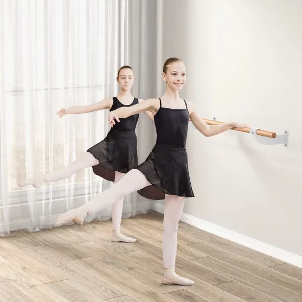 Barre de Danse Murale 120 cm Hauteur Fixe Ø 38 mm en Bois de Hêtre pour Yoga Etirements Exercice Blanc/Noir