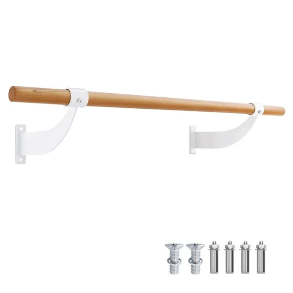 Barre de Danse Murale 120 cm Hauteur Fixe Ø 38 mm en Bois de Hêtre pour Yoga Etirements Exercice Blanc/Noir