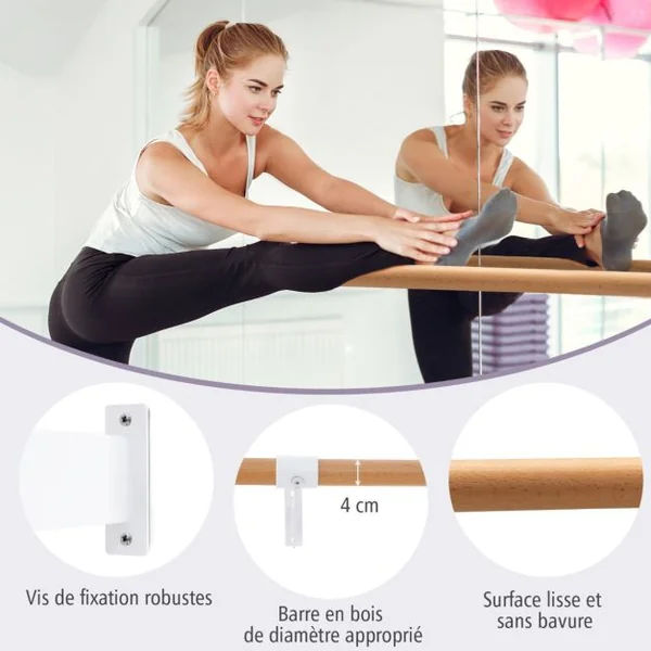 Barre de Danse Murale 120 cm Hauteur Fixe Ø 38 mm en Bois de Hêtre pour Yoga Etirements Exercice Blanc/Noir