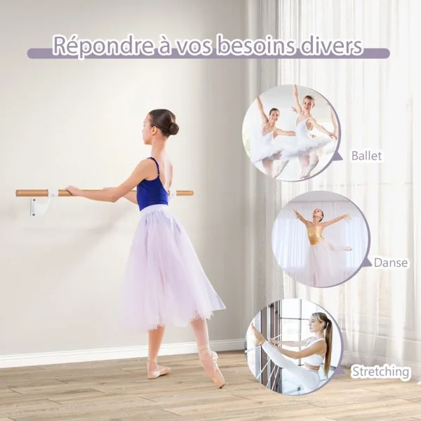 Barre de Danse Murale 120 cm Hauteur Fixe Ø 38 mm en Bois de Hêtre pour Yoga Etirements Exercice Blanc/Noir