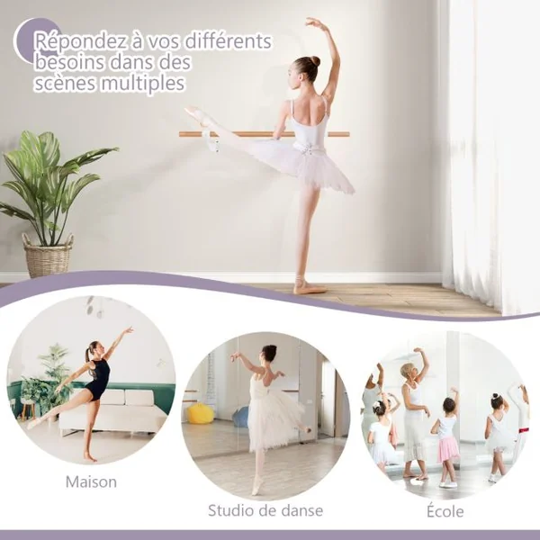 Barre de Danse Murale 120 cm Hauteur Fixe Ø 38 mm en Bois de Hêtre pour Yoga Etirements Exercice Blanc/Noir