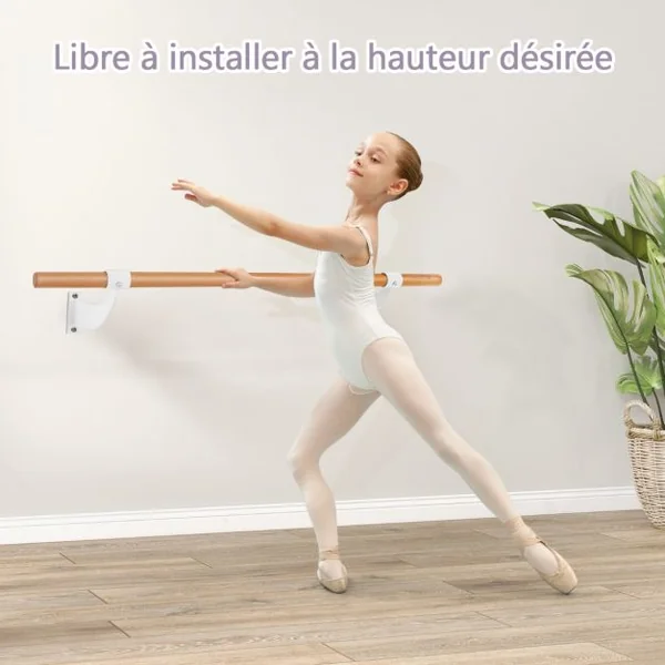 Barre de Danse Murale 120 cm Hauteur Fixe Ø 38 mm en Bois de Hêtre pour Yoga Etirements Exercice Blanc/Noir