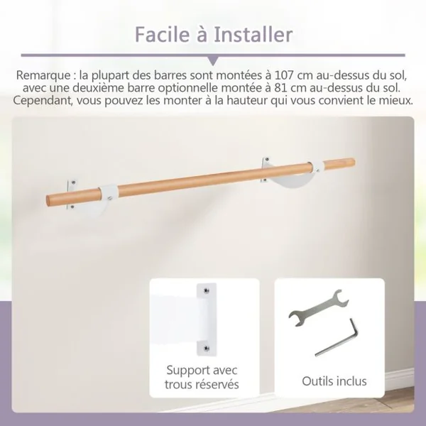 Barre de Danse Murale 120 cm Hauteur Fixe Ø 38 mm en Bois de Hêtre pour Yoga Etirements Exercice Blanc/Noir