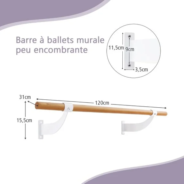 Barre de Danse Murale 120 cm Hauteur Fixe Ø 38 mm en Bois de Hêtre pour Yoga Etirements Exercice Blanc/Noir