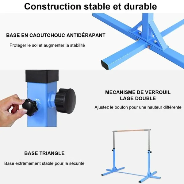 Barre de Gymnastique Hauteur Réglable Pieds de Support Antidérapants Capacité 100kg en Acier 200x121x91-150cm Bleu/Rose/Violet