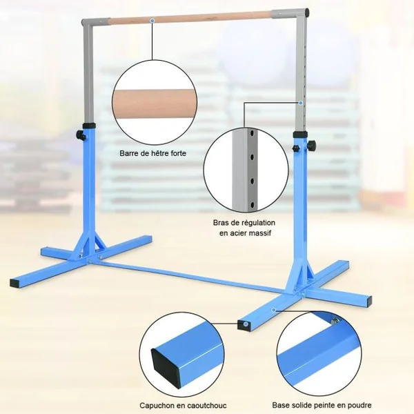 Barre de Gymnastique Hauteur Réglable Pieds de Support Antidérapants Capacité 100kg en Acier 200x121x91-150cm Bleu/Rose/Violet