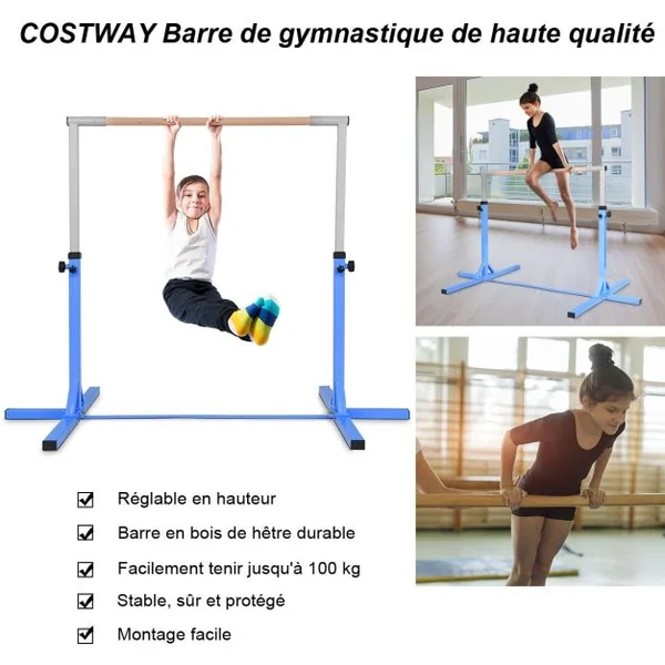 Barre de Gymnastique Hauteur Réglable Pieds de Support Antidérapants Capacité 100kg en Acier 200x121x91-150cm Bleu/Rose/Violet