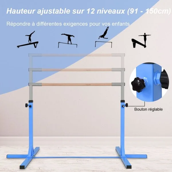 Barre de Gymnastique Hauteur Réglable Pieds de Support Antidérapants Capacité 100kg en Acier 200x121x91-150cm Bleu/Rose/Violet