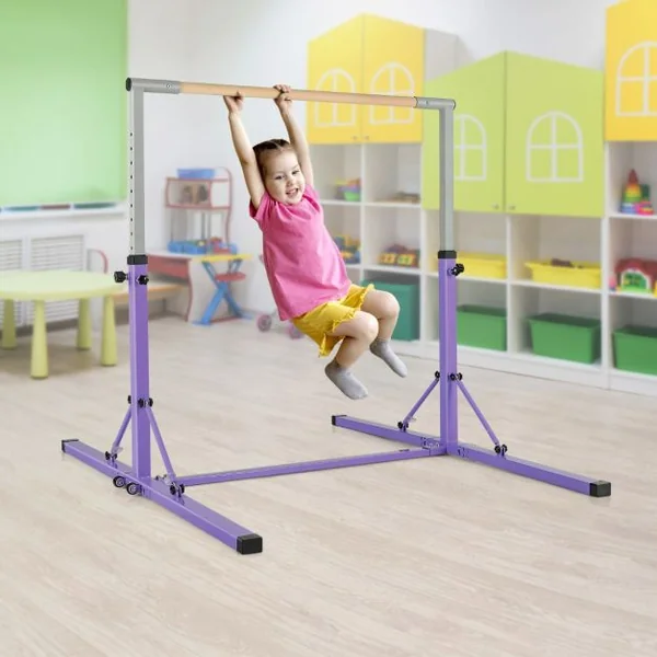Barre de Gymnastique Pliable pour Enfants avec 13 Hauteurs Réglables (90-150cm) avec Structure Triangulaire Charge 100kg Bleu/Rose/Violet/Vert