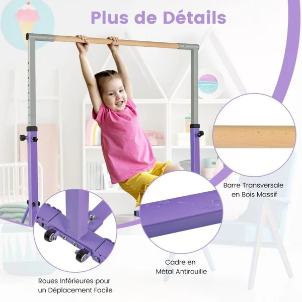 Barre de Gymnastique Pliable pour Enfants avec 13 Hauteurs Réglables (90-150cm) avec Structure Triangulaire Charge 100kg Bleu/Rose/Violet/Vert