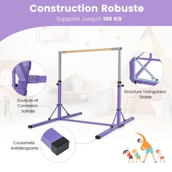 Barre de Gymnastique Pliable pour Enfants avec 13 Hauteurs Réglables (90-150cm) avec Structure Triangulaire Charge 100kg Bleu/Rose/Violet/Vert