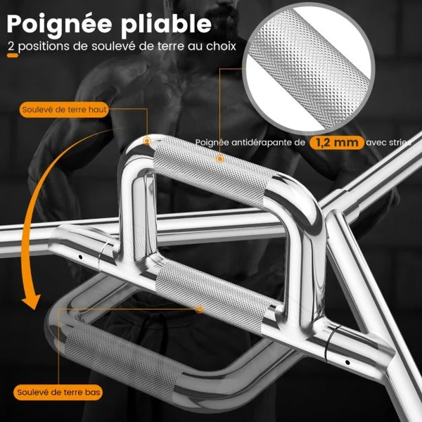 Barre de Piège Hexagonale Olympique d'Haltérophilie Charge 226KG Barre de Levage avec Poignées Moletées Plates ou Surélevées Entraînement de Squats Soulevés de Terre Argent