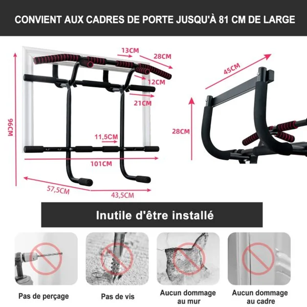 Barre de Traction Multiple pour Porte avec Cordes de Traction et Barres pour Dips Charge Max 150KG pour Gym à Domicile