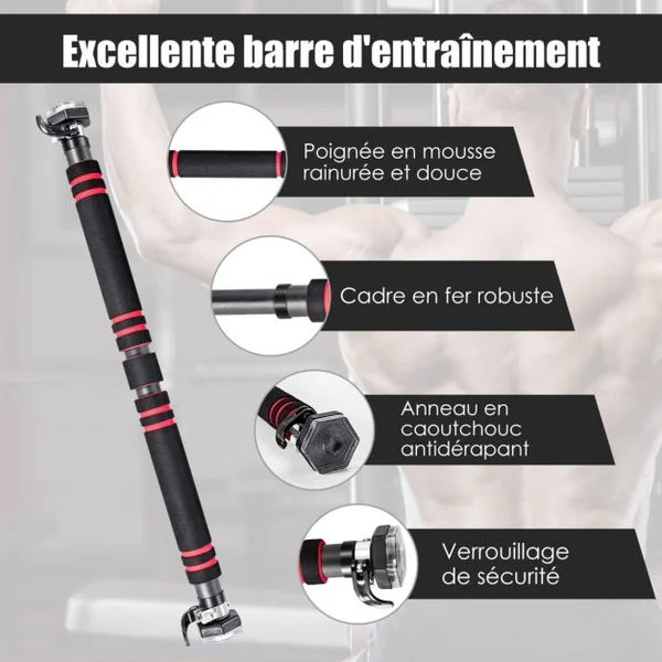 Barre de Traction pour Porte Largeur Réglable de 65 à 100 CM Installation sans Vis avec Poignée en Mousse Antidérapante Noir