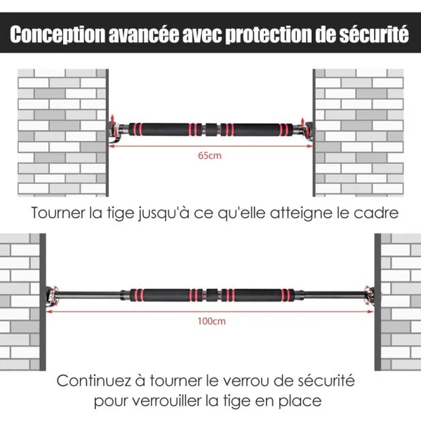 Barre de Traction pour Porte Largeur Réglable de 65 à 100 CM Installation sans Vis avec Poignée en Mousse Antidérapante Noir