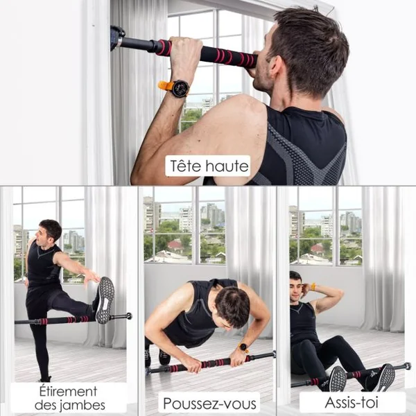 Barre de Traction pour Porte Largeur Réglable de 65 à 100 CM Installation sans Vis avec Poignée en Mousse Antidérapante Noir