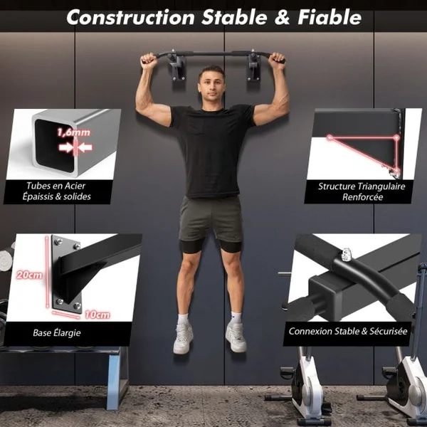 Barre de Traction pour Porte Murale Multiprises Poignées en Mousse Tubes en Acier avec Revêtement en Poudre Charge 200 kg