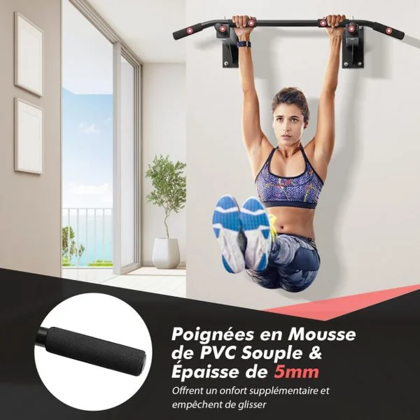 Barre de Traction pour Porte Murale Multiprises Poignées en Mousse Tubes en Acier avec Revêtement en Poudre Charge 200 kg