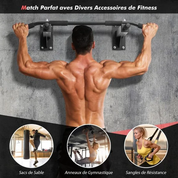 Barre de Traction pour Porte Murale Multiprises Poignées en Mousse Tubes en Acier avec Revêtement en Poudre Charge 200 kg