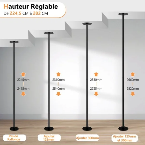 Barre Pôle de Danse 45 mm Hauteur Réglable 223~282cm Statique et Rotative en Chromé sans Perçage Charge Max. 200KG Noir