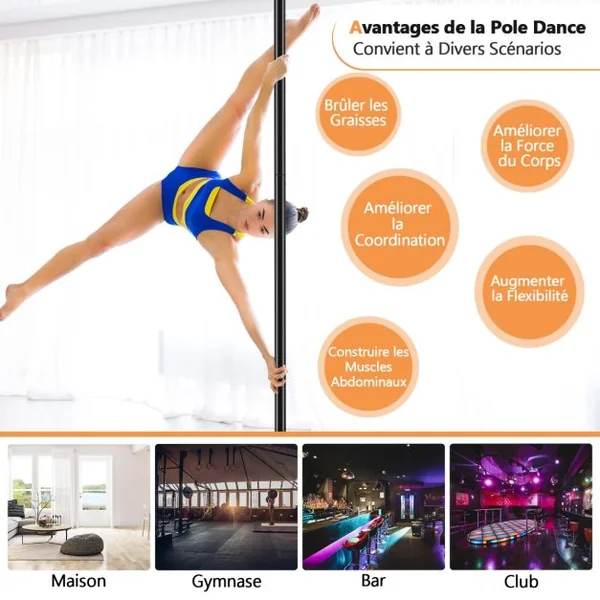 Barre Pôle de Danse 45 mm Hauteur Réglable 223~282cm Statique et Rotative en Chromé sans Perçage Charge Max. 200KG Noir