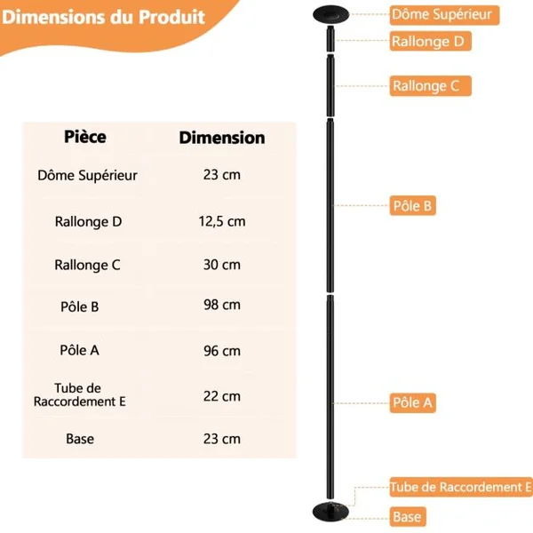 Barre Pôle de Danse 45 mm Hauteur Réglable 223~282cm Statique et Rotative en Chromé sans Perçage Charge Max. 200KG Noir