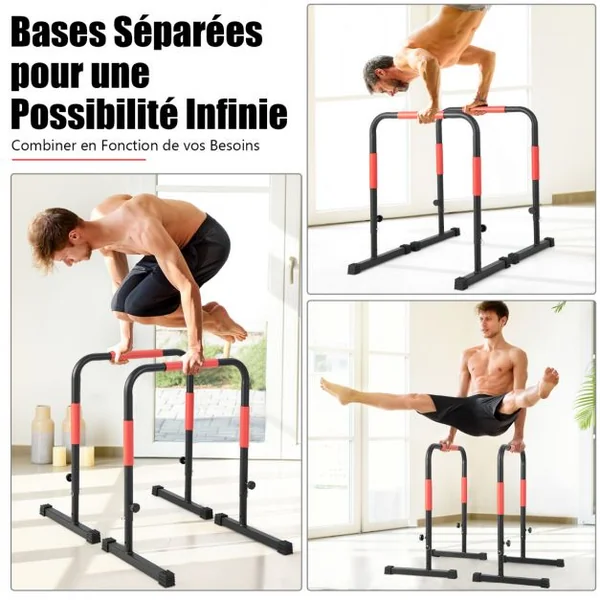Barres de Dips Parallèles 3 Hauteurs Ajustables 6 Poignées Cadre en Acier Support 150kg 2 Fixations de Sécurité Noir